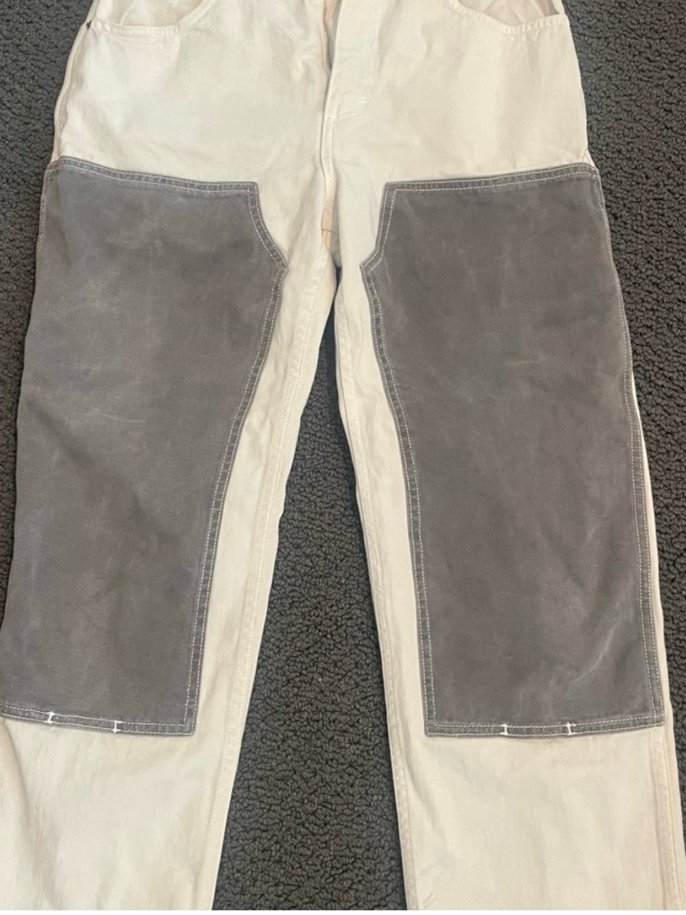 Rudy Jude Cream Jeans with Gray Knee Panels.